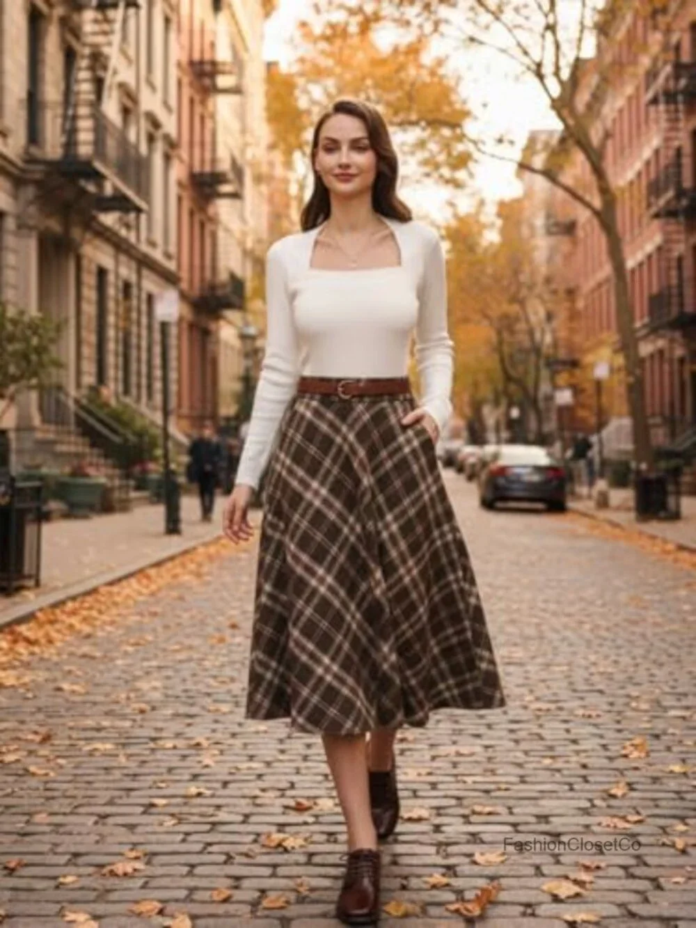 Plaid A-Line Midi Skirt with Pockets, High Waist, Flannel, Lined